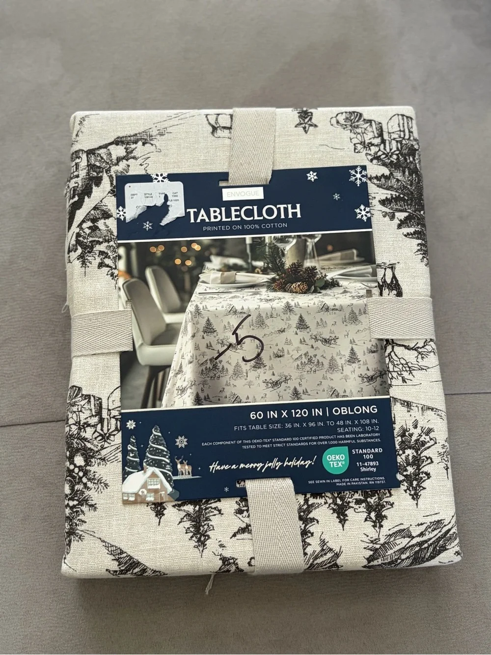 Envogue Cream and Black Holiday Forest Cotton Tablecloth 60”X120”